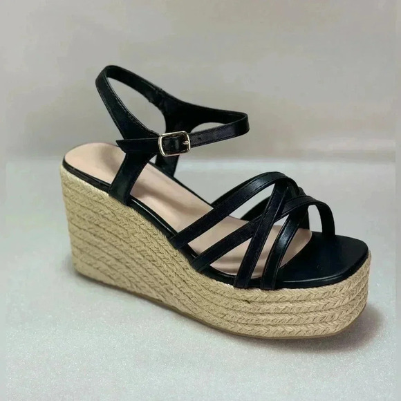 Black Strappy Wedge Sandals Black Size 7.5 Summer - Picture 3 of 10